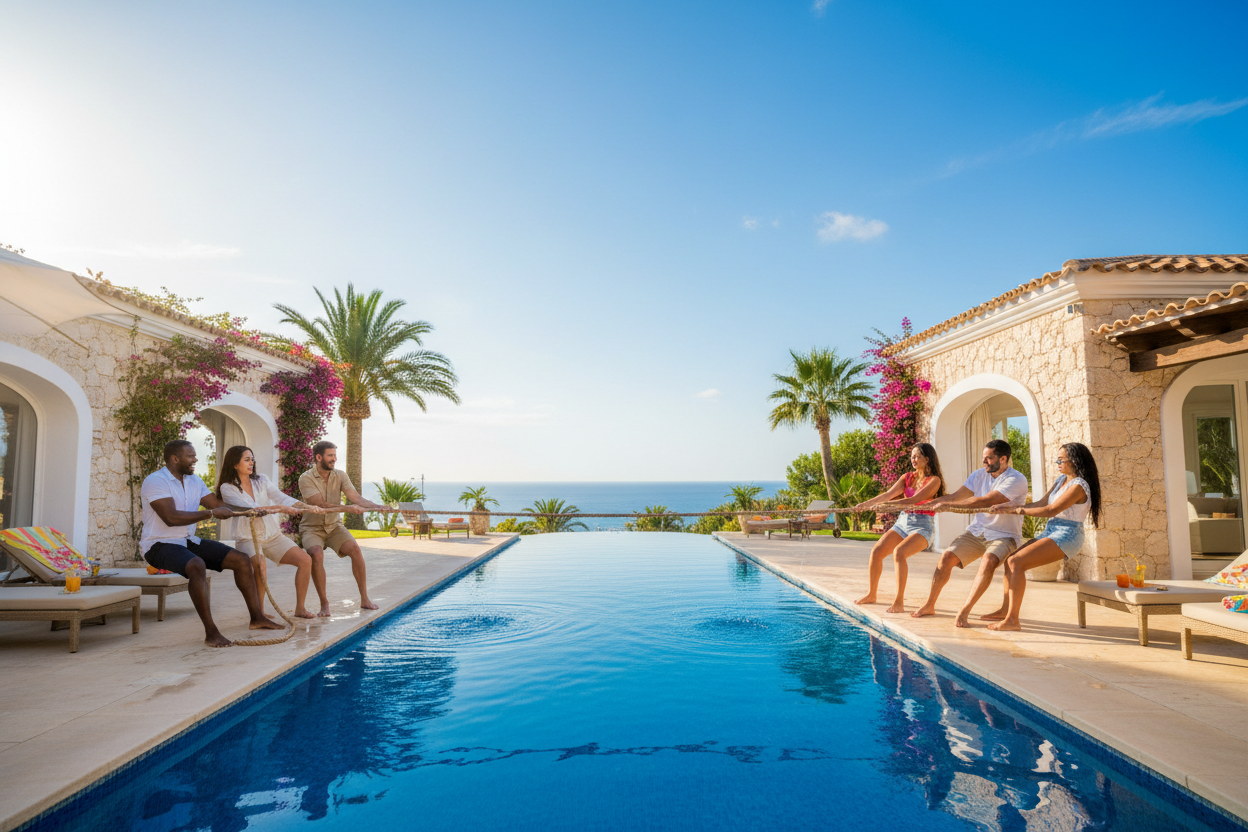 Couples tug of war game over pool