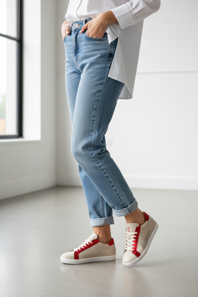 Beige and red sneaker casual chic style