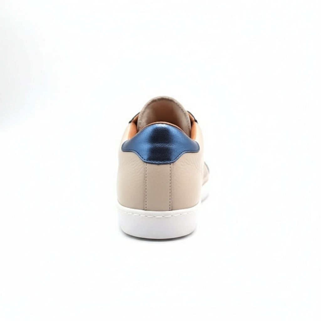 Beige and blue artisanal sneaker back view