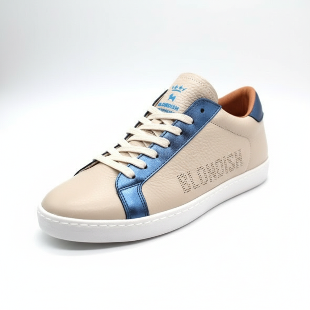 Beige and blue artisanal sneaker front view