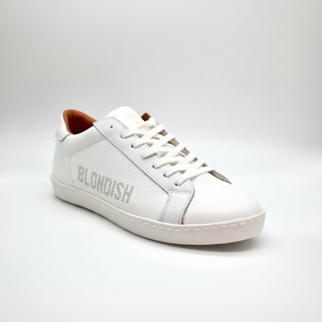 White artisanal sneaker front view