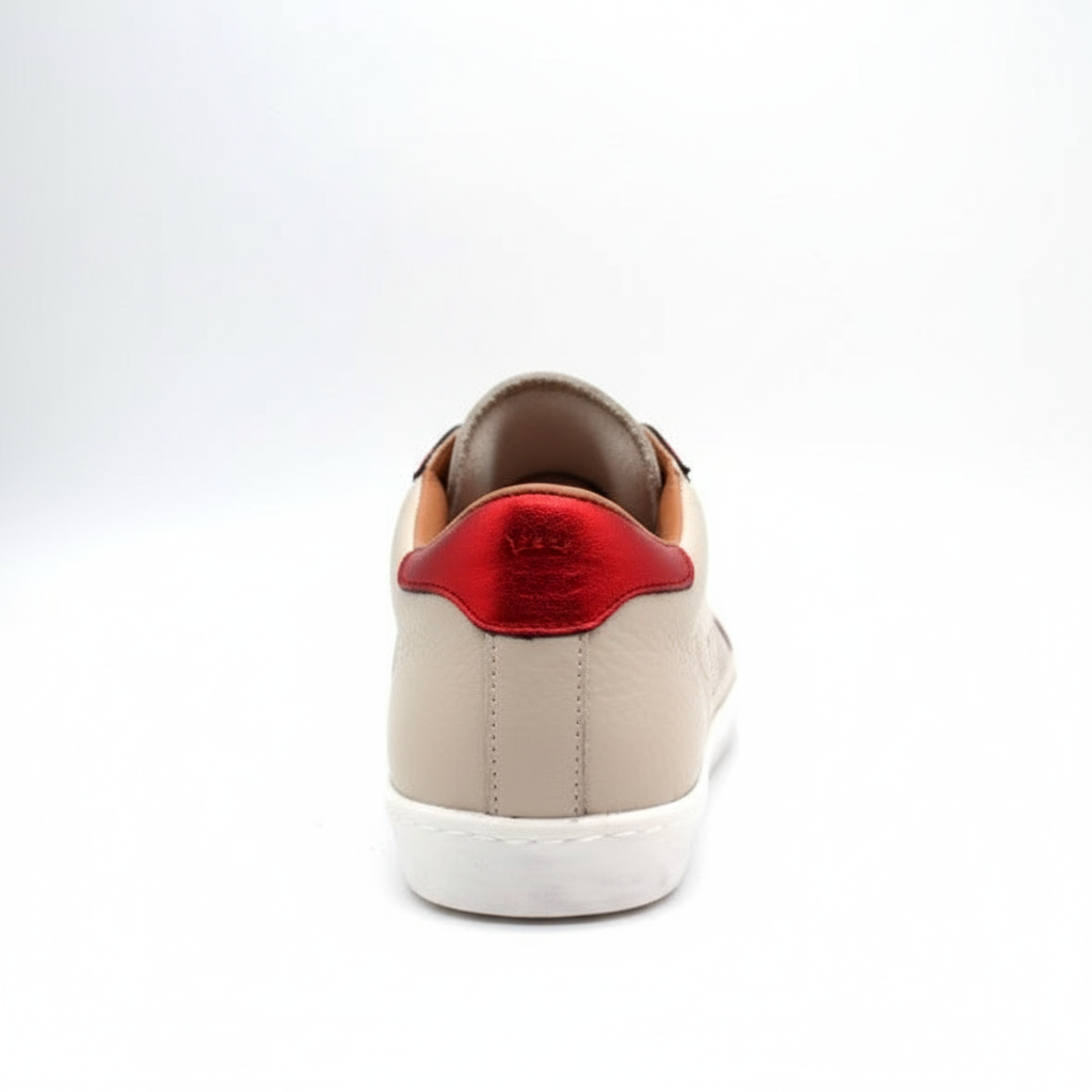 Beige and red artisanal sneaker back view