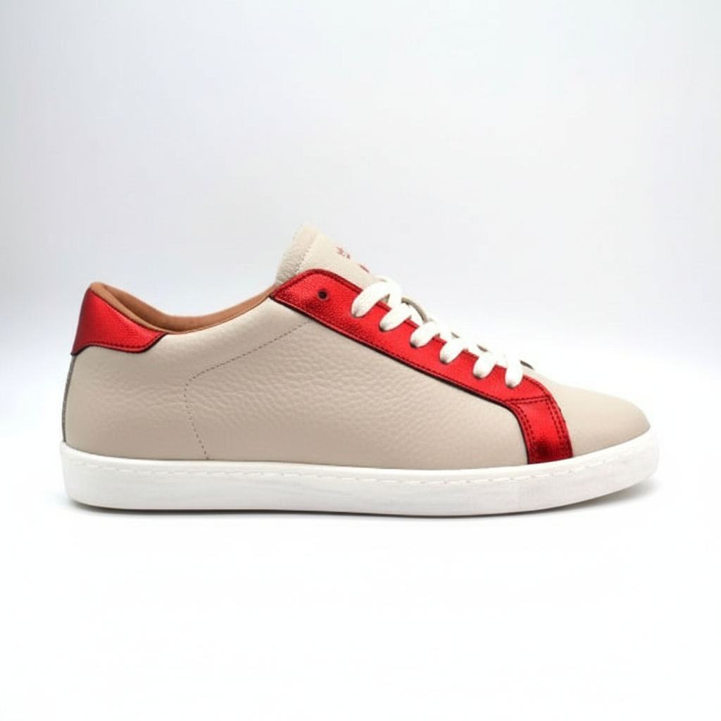 Beige and red artisanal sneaker side view