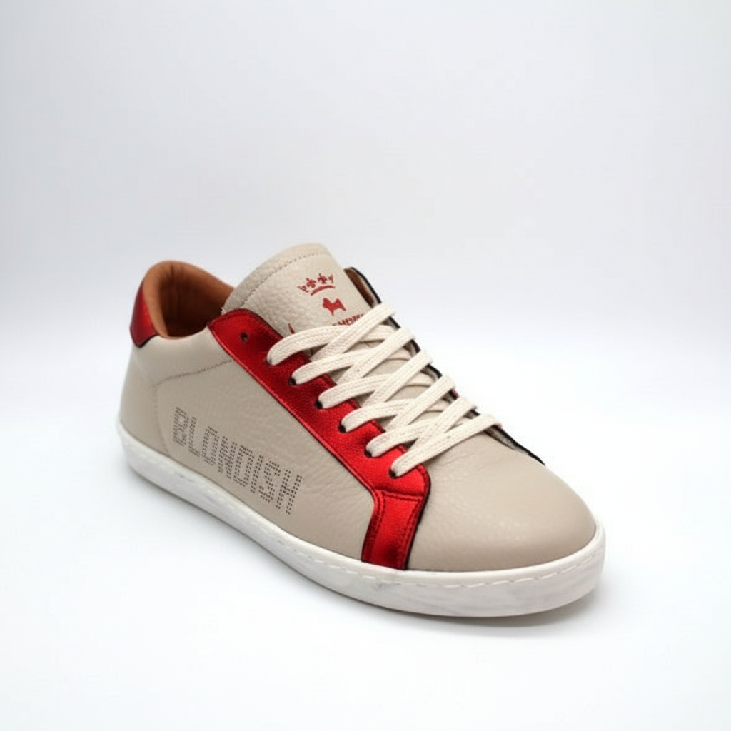 Beige and red artisanal sneaker front view