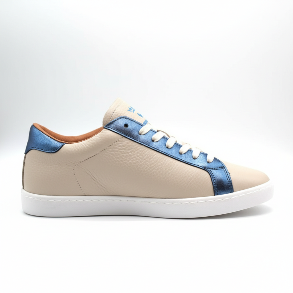 Beige and blue artisanal sneaker side view