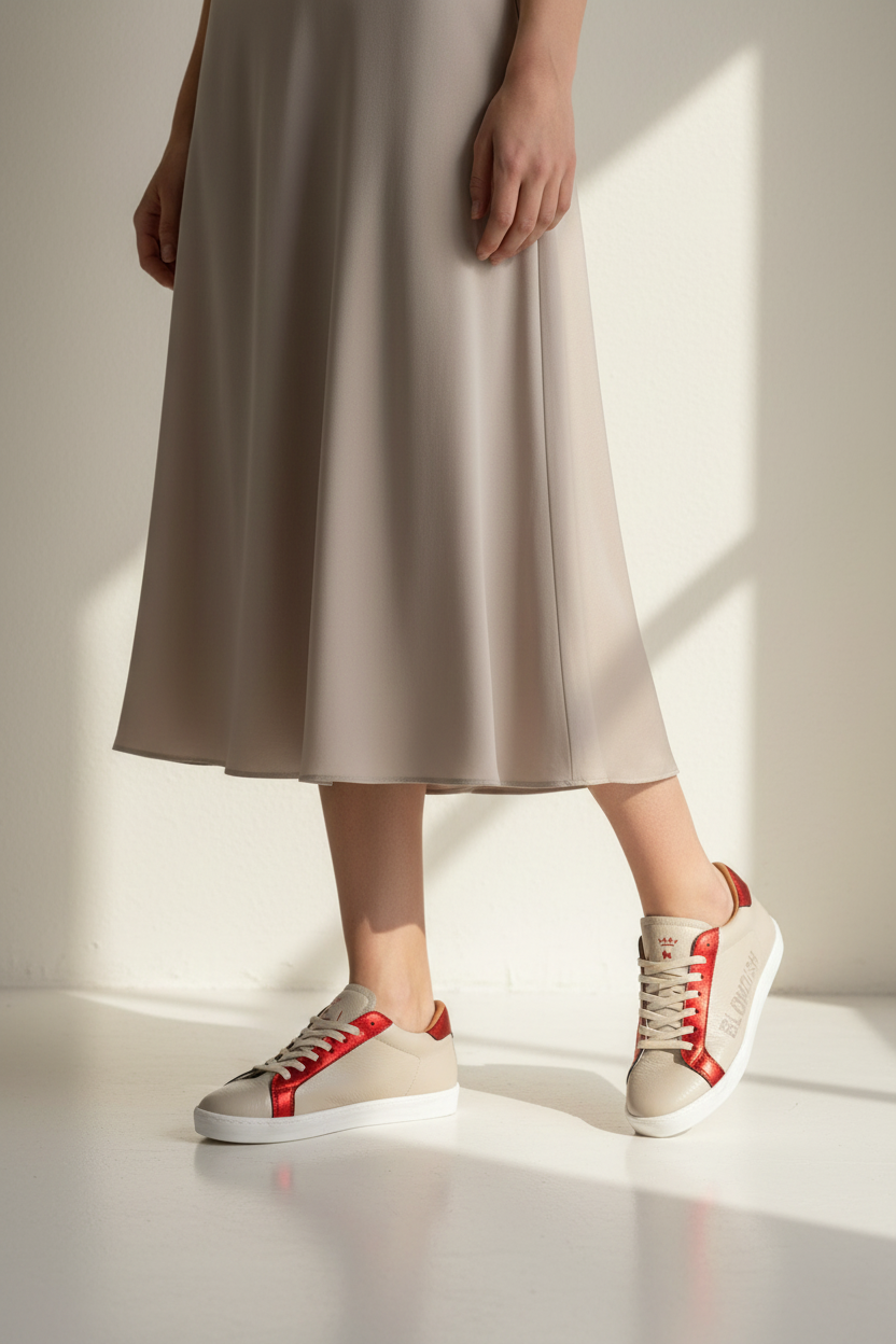 Beige and red sneaker elegant dress style